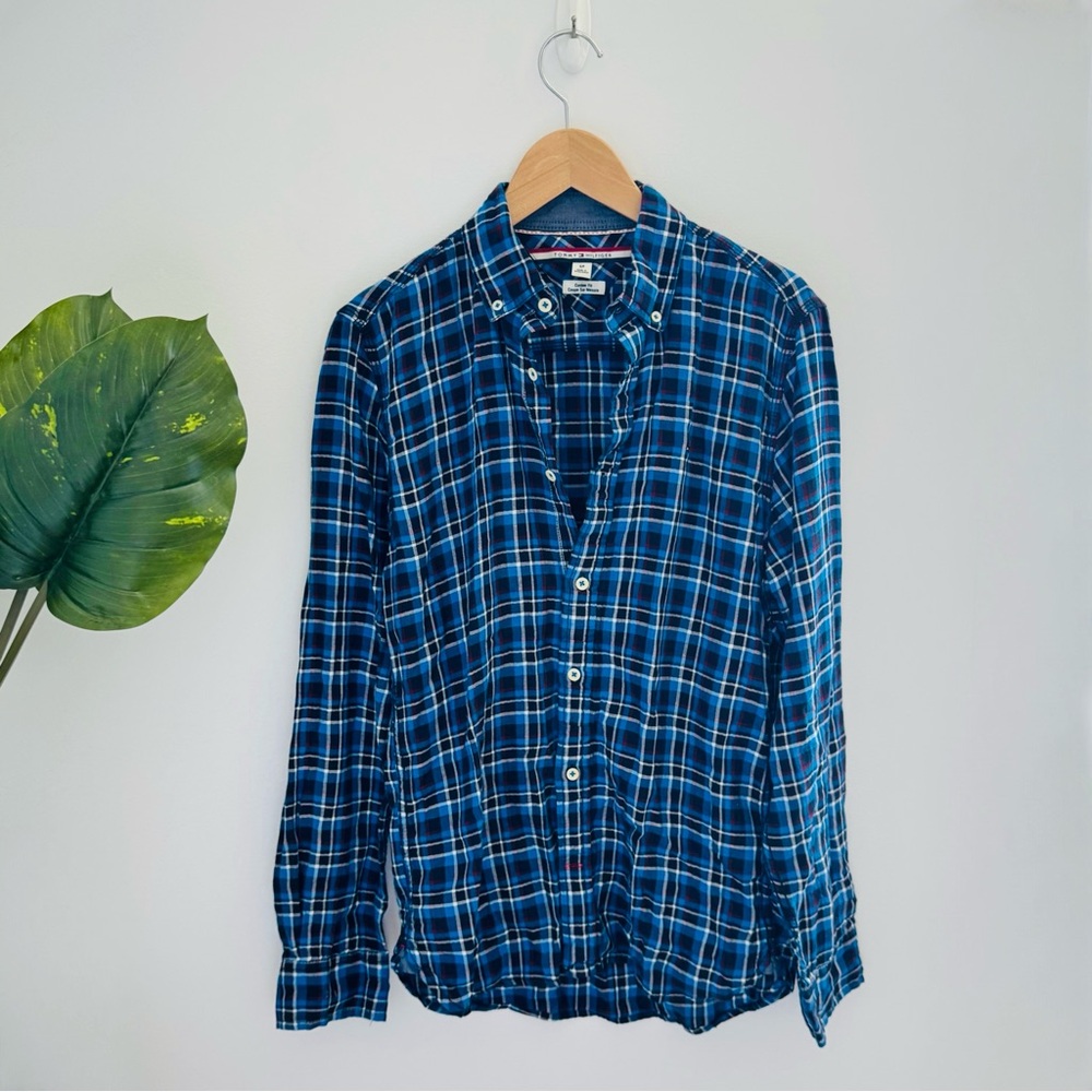TOMMY HILFIGER | Blue Plaid Cotton Button Up Long Sleeve Tee Small